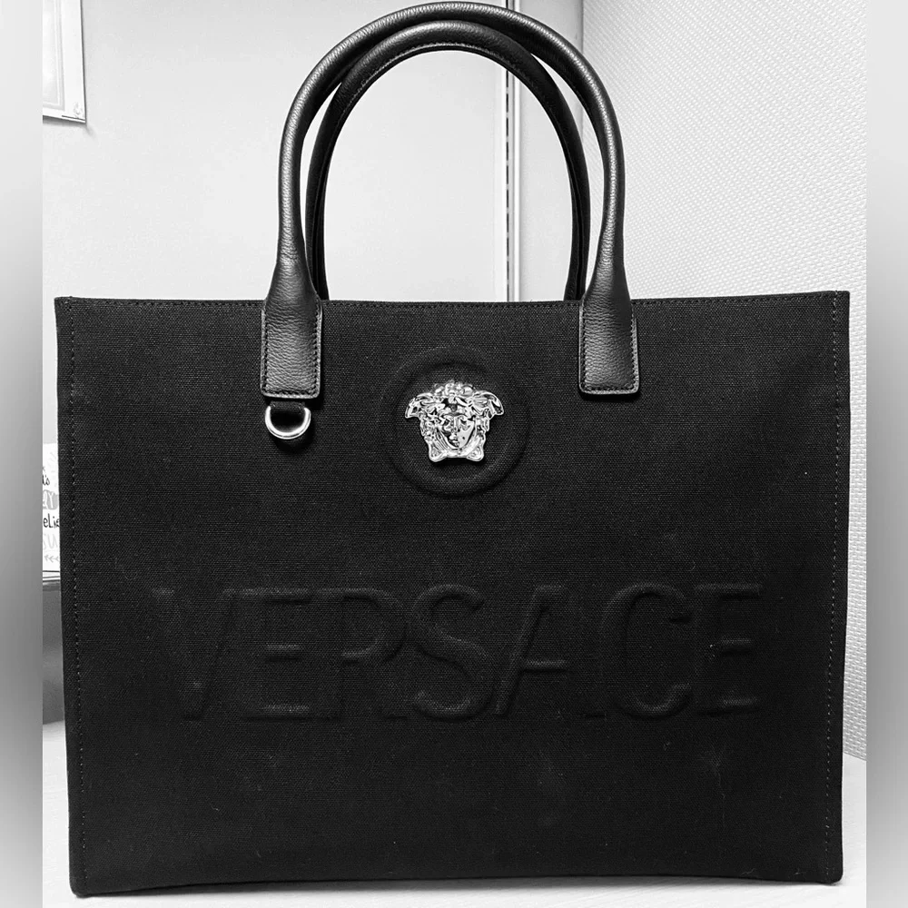 VERSACE Black Large Tote Bag w/Silver Medusa and Branded Dust Bag, EUC